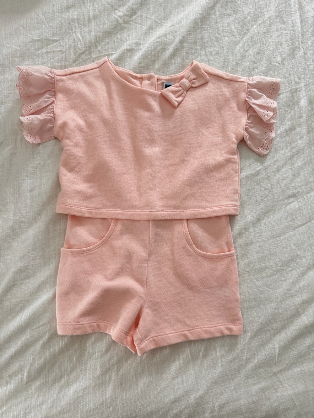 Janie and Jack Soft Pink Bow Eyelet Sleeve Short Set